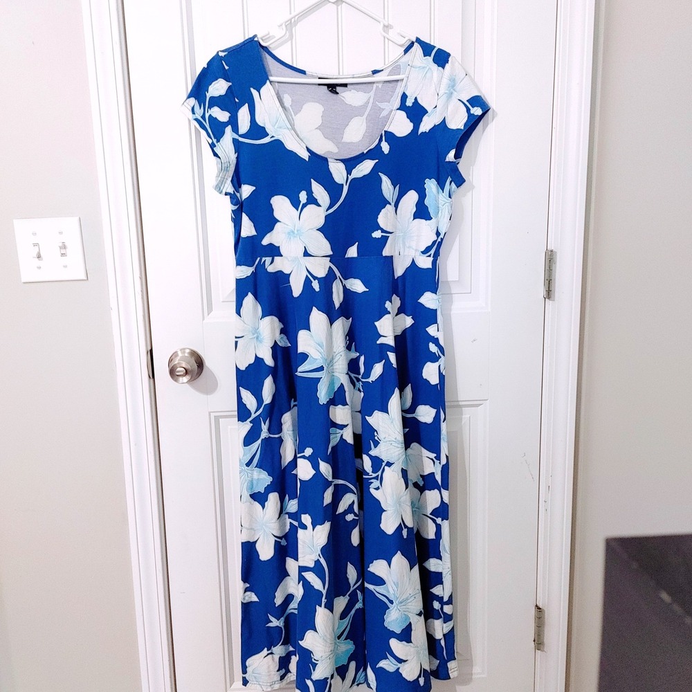 Resort Chaps Petite Womens XL Blue Tropical Hibiscus Floral Cotton Maxi Dress